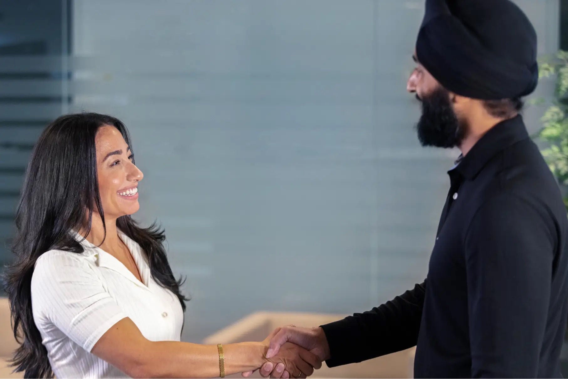 Two people shaking hands in an office setting