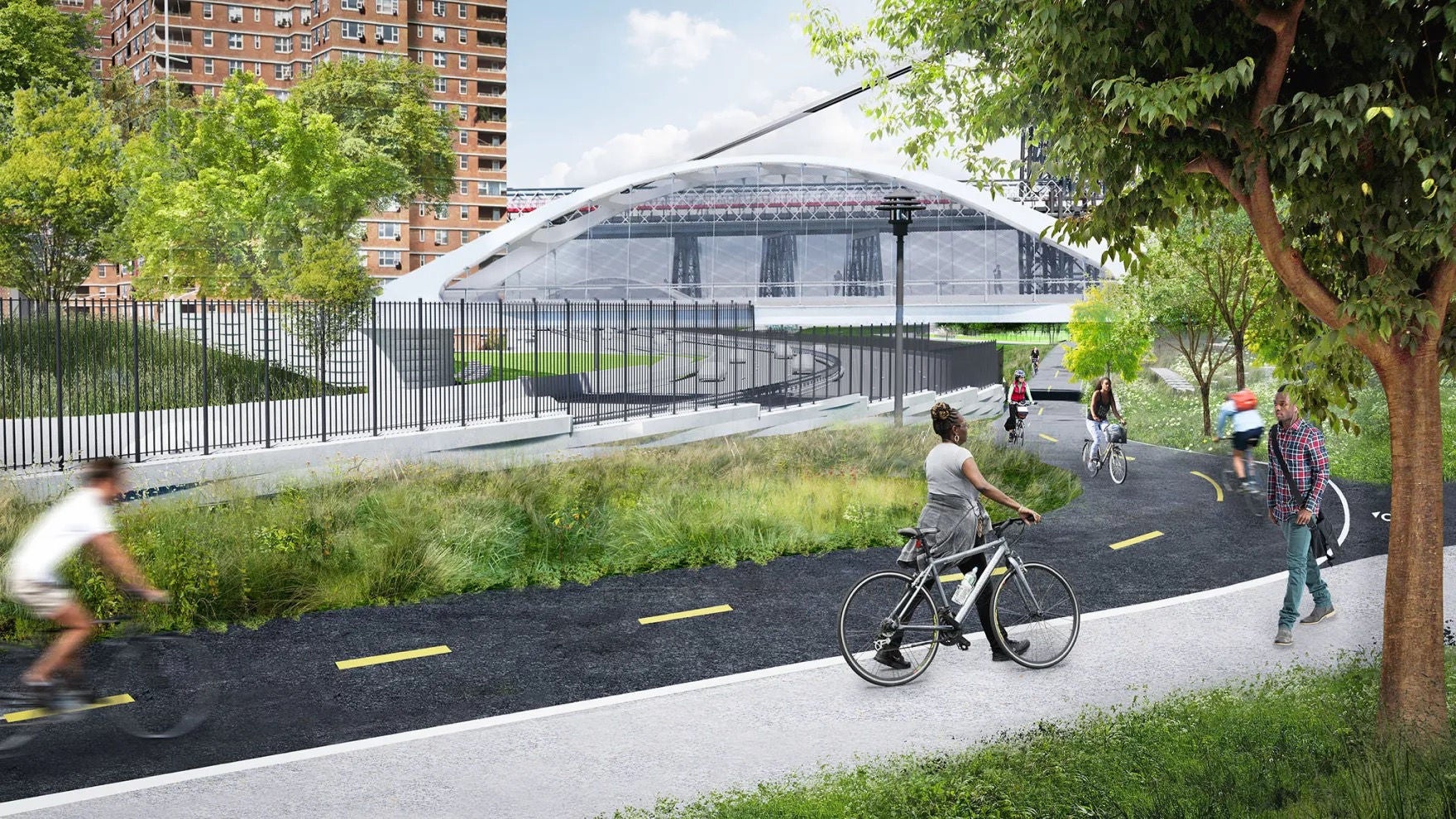 Bicyclists riding along a path surrounded by trees and greenery