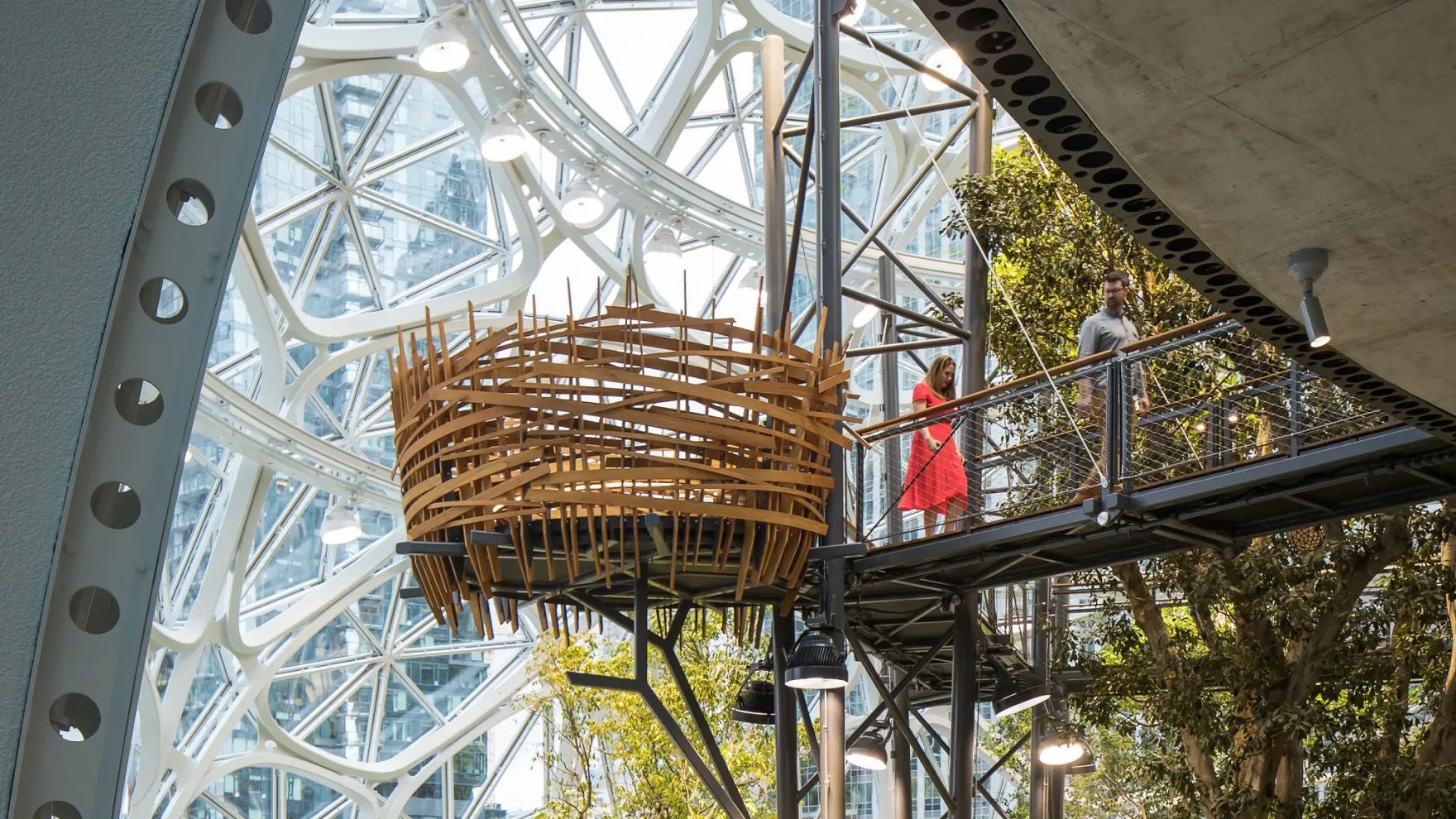 Interior view of the Spheres showing a suspended wooden nest structure, metal walkways, and glass panels
