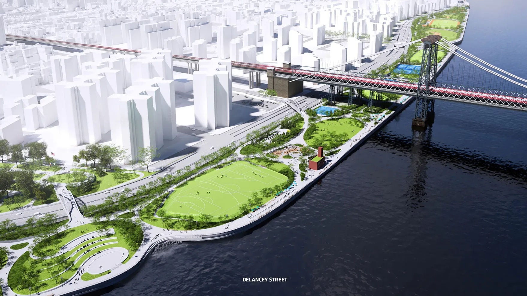 A computer rendering of pedestrian green and park spaces along Manhattan’s waterfront