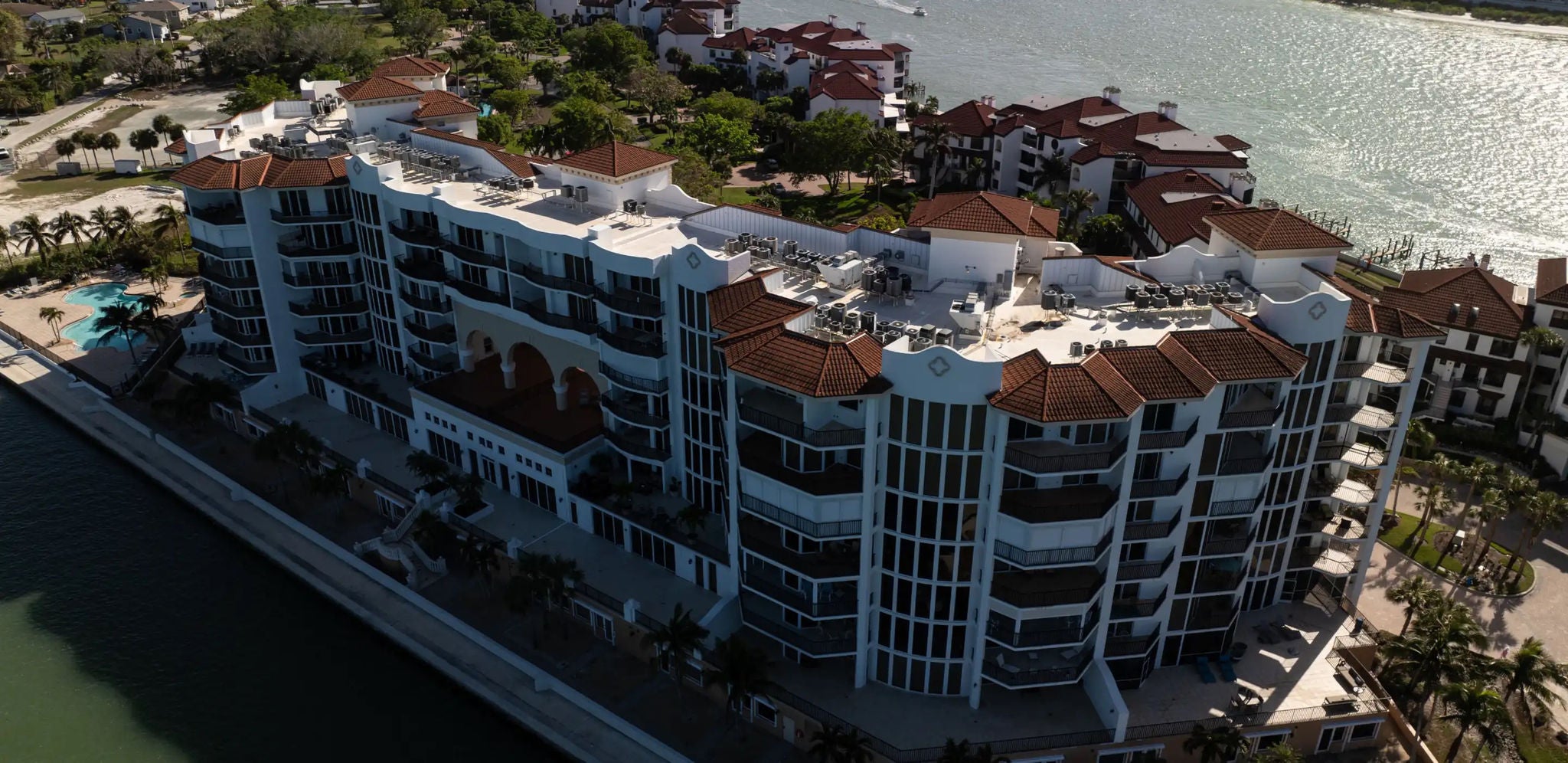 The exterior of the Twin Dolphins condominium complex