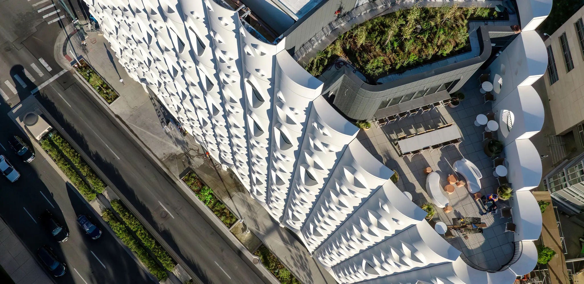 The roof deck and exterior of the Populus Hotel in Denver, Colorado
